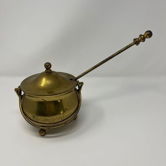 Vintage Solid Brass 3 Footed Fireplace Smudge Pot with Lid - Picture 1 of 8
